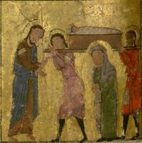 Jésus rencontre la veuve de Naïm portant en terre son fils unique. Evangéliaire copte-arabe. Bibliothèque de Fels, ICP