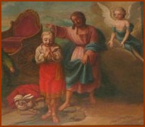 Baptême de l'Eunuque éthiopien par Philippe. Baptistère, église St Sulpice de Fougères