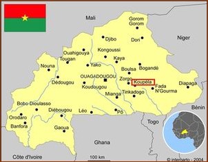 Carte du Burkina avec la ville de Koupéla soulignée