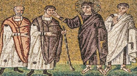 Guérison des 2 aveugles. Mosaïque de Ravenne, 6e siècle