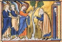Miniature. Abraham accueille les 3 Visiteurs. Sara écoute dans l'embrasure de la porte de la tente, et elle rit quand on prédit qu'elle aura un fils Miniature. Abraham accueille les 3 Visiteurs. Sara écoute dans l'embrasure de la porte de la tente, et elle rit quand on prédit qu'elle aura un fils