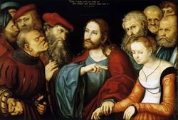 Jésus et la femme adultère par Cranach l'Ancien, 1532 Jésus et la femme adultère par Cranach l'Ancien, 1532