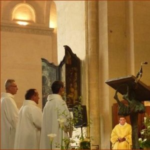 Accueil de Manuel, Dominique et Hubert par Monseigneur Thierry SCHERRER